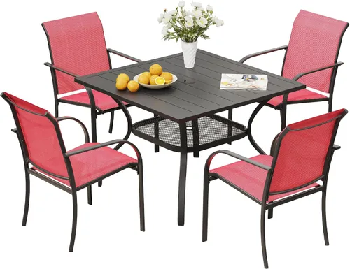 Vista 17 de VICLLAX Juego de 2 sillas de patio pequeñas para exteriores, juego de sillas apilables para patio y mesa de comedor cuadrada para porche delantero