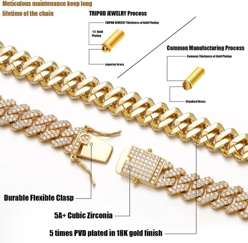 Vista 2 de Cadena o pulsera de eslabones cubanos chapados en oro real de 18 quilates o blanco de 0.472 in, gargantilla de hip hop Miami para hombres y mujeres