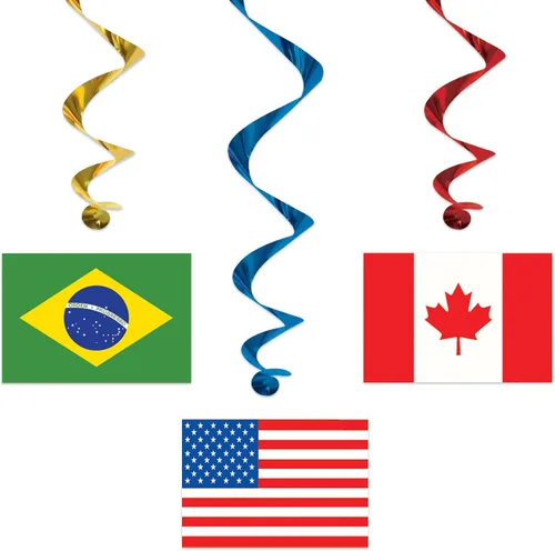 Vista 4 de Beistle 5 espirales colgantes de bandera internacional (paquete de 2) – verde, rojo, azul, amarillo – plástico y cartulina