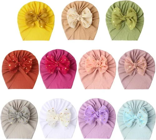 Vista 3 de 11 sombreros turbantes para bebé, turbante con lazo, sombrero de hospital infantil para niños pequeños de 0 a 4 años, Juego de 11 piezas