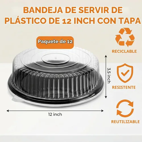 Vista 2 de Frcctre Paquete de 12 bandejas de plástico de 12 pulgadas con tapa, platos desechables de plástico para servir alimentos con tapas de cúpula