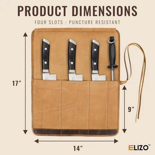 Vista 3 de ELIZO Bolsa de rollo para cuchillos de cuero, estuche para cuchillos de chef profesional, funda duradera para cuchillos, almacenamiento portátil
