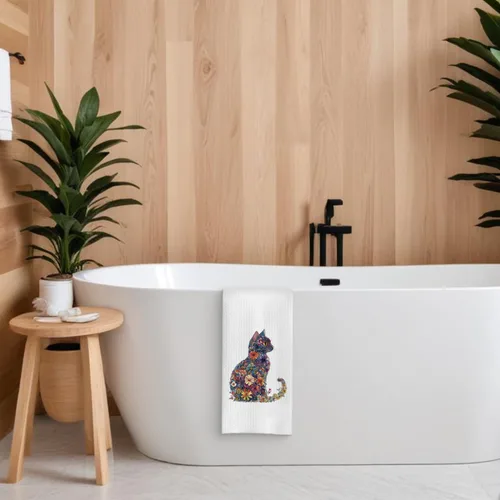 Vista 5 de Toalla de cocina con gato floral, toalla de mano con gato floral para decoración de baño, toalla de té para platos de cocina con gatito