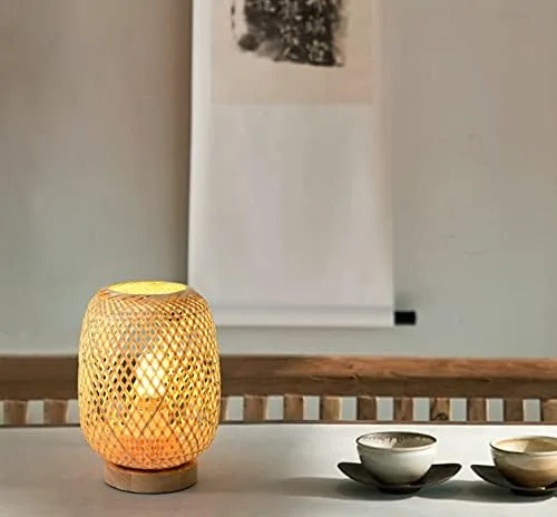 Vista 7 de Lámpara de mesa de escritorio de bambú con base de madera y exquisita pantalla de lámpara, ideal para combinar con cualquier decoración moderna