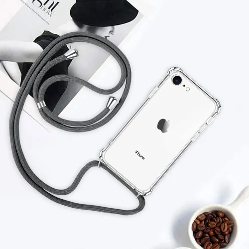 Vista 7 de Funda cruzada para iPhone SE 2/3, correa de cordón ajustable transparente para el cuello para mujer para iPhone 7/8, funda de teléfono TPU suave a