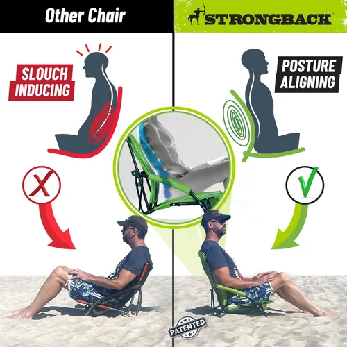 Vista 3 de STRONGBACK Sillas de playa – Silla de playa portátil reclinable de baja gravedad – con soporte lumbar integrado, sillas de playa plegables