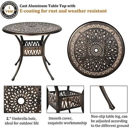 Vista 2 de TITIMO Juego de comedor de 5 piezas de aluminio fundido para patio al aire libre, 4 sillas con patrón y mesa redonda de 35.4 pulgadas, juego de Sin