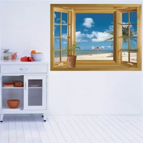 Vista 6 de Pegatinas de pared removibles 3D con diseño de ventana de playa, decoración para el hogar, decoración del hogar