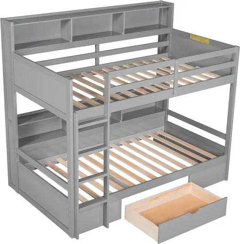 Vista 6 de Litera moderna de madera con cajón, literas individuales sobre individuales con estantes integrados junto a la cama superior e inferior, marco