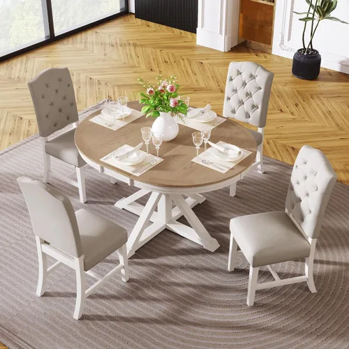 Vista 9 de Conjunto de mesa de comedor extensible Bellemave para 4, juego de mesa redonda de 5 piezas con 4 sillas, mesa circular con sillas tapizadas, juego