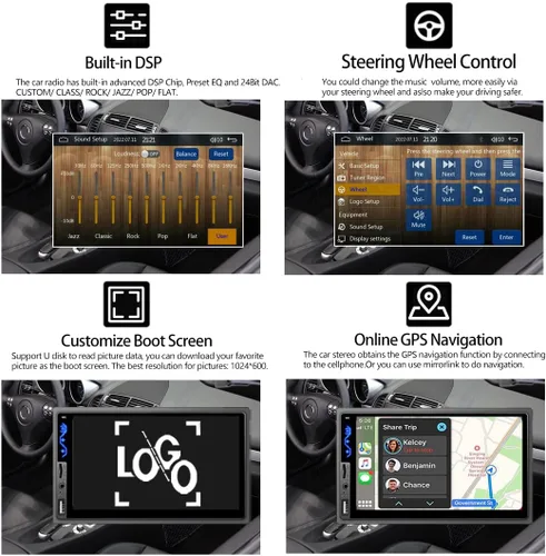 Vista 4 de Estéreo de auto de doble DIN compatible con Apple CarPlay y Android Auto - Receptores de audio de coche HD de 7 pulgadas con Bluetooth, Mirror Link