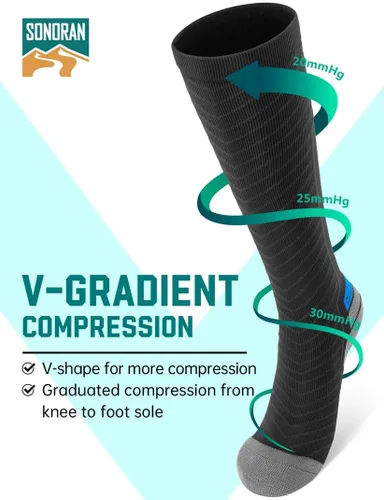 Vista 2 de SONORAN Calcetines de compresión para hombres y mujeres (246 pares) 20-30 mmHg de compresión graduada hasta la rodilla para correr, atletismo