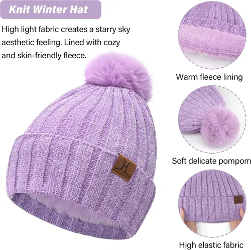 Vista 2 de Gorros de invierno para mujer, bufanda, calentador de cuello, guantes de pantalla táctil, con forro polar cálido, gorras de calavera de punto