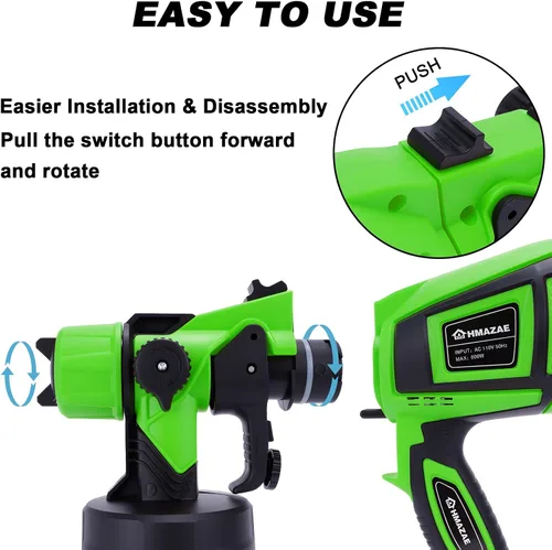 Vista 5 de Pulverizador de pintura, pistola eléctrica HVLP de 800 W con juntas de limpieza/soplado, 3 boquillas de 3 patrones y recipiente de 47.3 fl oz