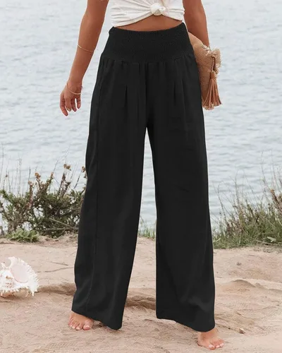 Vista 2 de Pantalones de lino de primavera para mujer, pantalones casuales palazzo, cintura alta, bohemios, piernas anchas, holgados, con bolsillo