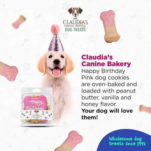 Vista 3 de Claudia's Canine Bakery Pink Happy Birthday - Concha de galleta para perro, 7 onzas, horneada en los Estados Unidos