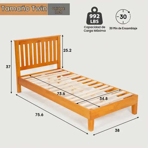 Vista 2 de PayLessHere Marco de cama de plataforma de madera, tamaño individual, marco de cama de madera maciza con cabecero, soporte de listones de madera,