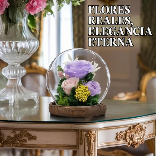 Vista 8 de GLAMOUR BOUTIQUE Mini flor preservada para árbol de Navidad en cúpula de cristal con luz, decoración de mesa de Navidad Flowers Forever de larga