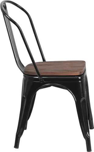 Vista 6 de EMMA + OLIVER Silla apilable de metal negro con asiento de madera