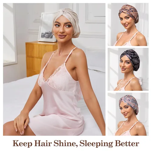 Vista 72 de Gorro de satén de seda ajustable para envolver el cabello para dormir, gorro de dormir de doble capa, turbante nocturno para cabello largo y rizado