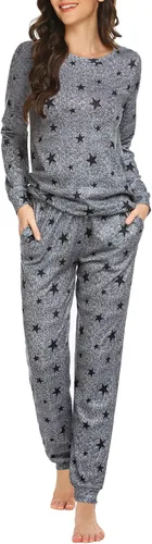 Vista 14 de Ekouaer - Conjunto de pijama de manga larga para mujer, ropa de dormir suave con cuello redondo y bolsillos, conjuntos de ropa de descanso Negro
