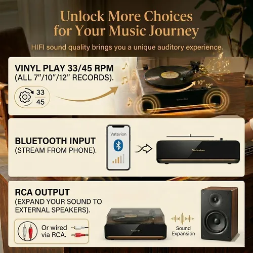 Vista 6 de Tocadiscos de vinilo con altavoces integrados, tocadiscos Bluetooth todo en uno para 33/45 RPM, tocadiscos de alta fidelidad para discos de vinilo