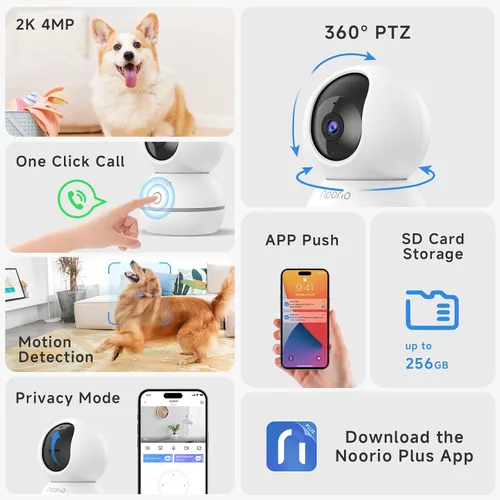 Vista 2 de Noorio Cámara de seguridad para interiores, cámara UHD de 4 MP para mascota/perro de 360 grados para seguridad del hogar, llamada de un solo toque