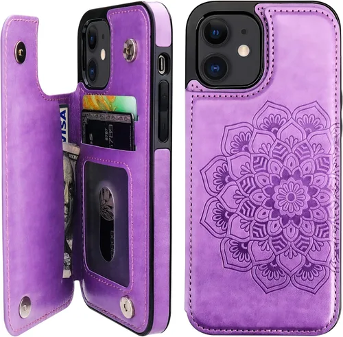 Vista 8 de Vaburs Funda compatible con iPhone 12 y iPhone 12 Pro con tarjetero, diseño de mandala en relieve de flor de piel sintética, doble botones