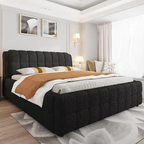 Vista 4 de Elegante base de cama tapizada tamaño California King con cabecero, listones de madera fuertes, base de colchón resistente, no necesita somier, sin