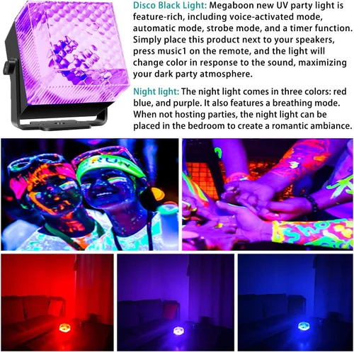 Vista 4 de Luces de fiesta de discoteca 2 en 1 con luz negra, luz de bola de discoteca UV de 10 W con luz estroboscópica activada por sonido, luces de fiesta