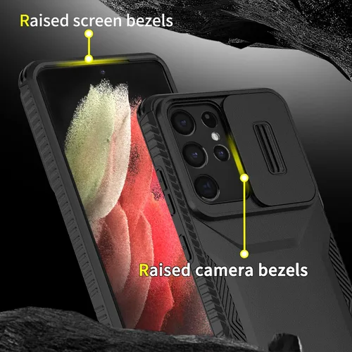 Vista 5 de Funda para Galaxy S21 Ultra con 1 protector de pantalla HD y cubierta de cámara deslizante [grado militar], funda protectora resistente a prueba