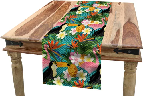 Vista 16 de Lunarable Camino de mesa tropical y manteles individuales, acuarela tucán loro flamenco piñas y flores silvestres sobre rombo, juego para decoración