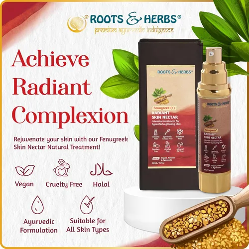 Vista 2 de ROOTS AND HERBS Tratamiento natural de néctar ayurvédico para la piel, 100% para piel hidratada y brillante, suero alimenticio vegano de fenogreco