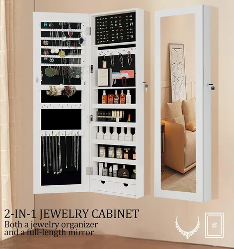 Vista 3 de BOSTANA Organizador de joyas, armario de joyería con puerta de espejo de pared o montado, espejo con cerradura con almacenamiento de 2 cajones
