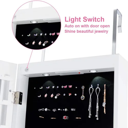 Vista 7 de GOFLAME Armario de joyería montado en la puerta, espejo de longitud completa sin marco de 47.5 pulgadas con almacenamiento y luces LED, organizador