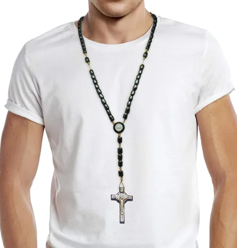 Vista 7 de Catholica Shop Collar de cruz de plata con cuentas de madera Rosario I Religious Wear Saint Benedict I Collar de cruz negra para hombres y mujeres I