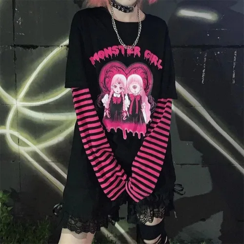 Vista 6 de PAROSEN Camisa gótica para mujer, camisas kawaii Harajuku moda gótica Y2K Grunge Tops para adolescentes niñas Anime manga larga