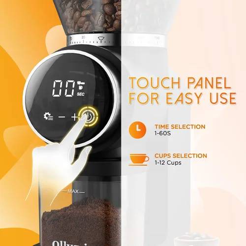 Vista 12 de Ollygrin Molinillo de café eléctrico de rebabas cónicas, molinillo de café con panel táctil con 30 ajustes precisos, molinillo de granos de café