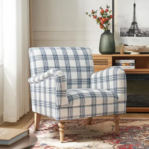 Vista 7 de HULALA HOME Silla decorativa moderna con brazos y patas de madera, cómodo sillón tapizado para dormitorio, sala de estar (patrón a cuadros, negro)