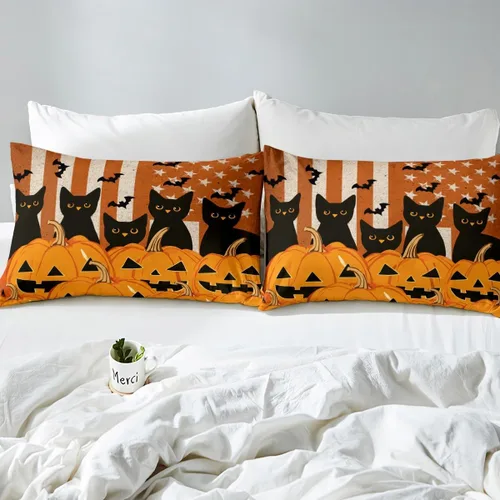 Vista 4 de Feelyou Juego de ropa de cama para niños, gatos negros, tamaño individual, funda de edredón de linterna de calabaza de Halloween para niños y niñas