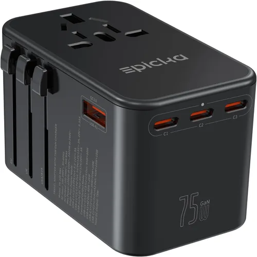 Vista 7 de EPICKA Adaptador de viaje universal, adaptador de enchufe internacional GaN con 3 USB-C de carga rápida PD de 70W y 2 USB-A todo en uno cargador