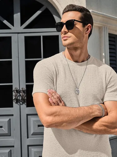 Vista 2 de PLEPAN Camiseta casual para hombre, cuello redondo, manga corta, para verano, playa, malla, punto gofre, tejido pesado, suave, para hombre