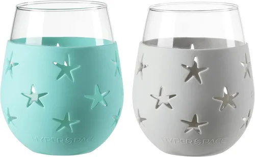 Vista 5 de Hyperspace Copa de vino sin tallo de 20 onzas, vaso para bebidas con funda protectora de silicona, juego de 2 piezas (estrella azul y morada)
