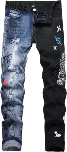 Vista 34 de Baylvn - Pantalones de mezclilla para hombre con diseño patchwork, ajustados y cómodos, estilo motociclista 3132 Camuflaje y azul