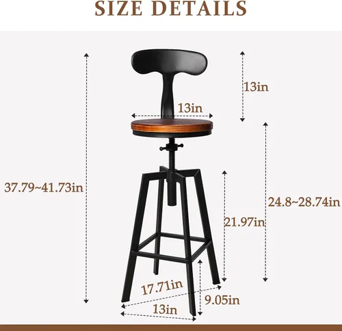 Vista 3 de Juego de 2 taburetes de bar industriales con respaldo, asiento giratorio de madera, altura ajustable, 25-32 pulgadas, taburete de isla de cocina