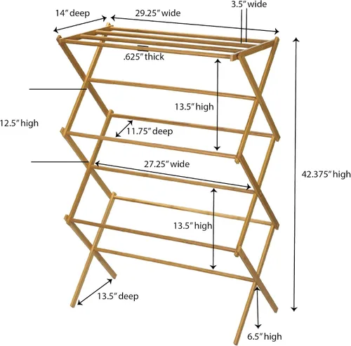 Vista 2 de Household Essentials Estante de secado de ropa plegable de bambú, estante de lavandería de lujo con 11 clavijas, respetuoso con el medio ambiente