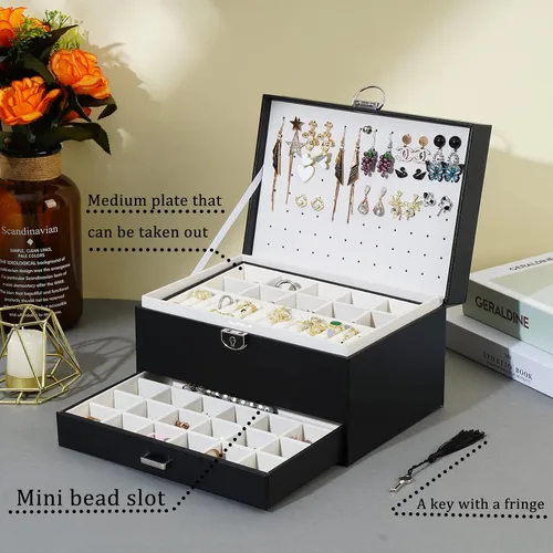 Vista 5 de BOOVO Joyero de aretes para mujer y niña, organizador de aretes de 5 capas, caja organizadora de joyas con cerradura para aretes, organizador
