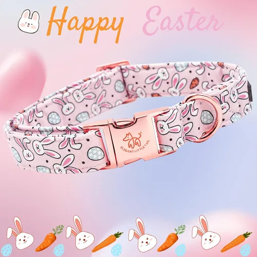 Vista 3 de Elegant little tail Collar para perro de Pascua, collar de perro con estampado de huevos de conejo, collar para mascotas, collar rosa para perros