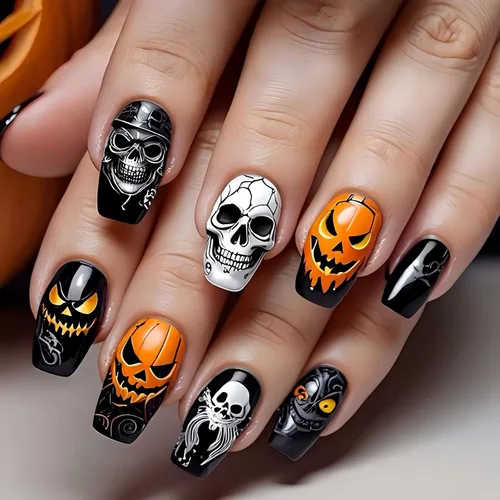 Vista 9 de Uñas postizas a presión para Halloween, cuadradas, cortas, con diseños de bosque lunar, uñas postizas con pegamento oscuro brillante en las uñas