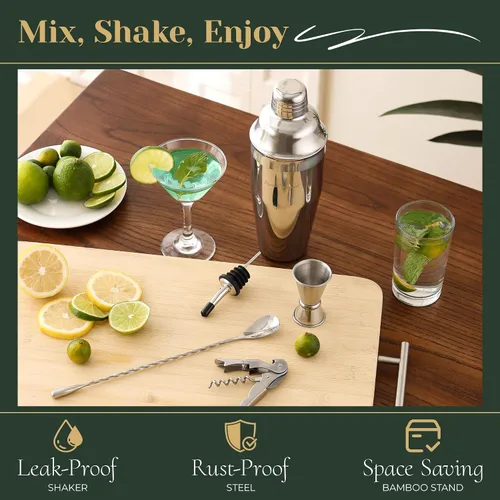 Vista 5 de Juego de coctelera, kit de camarero de bar de 24 piezas con soporte, coctelera de Martini, jigger, colador, cuchara mezcladora, muddler, vertedores
